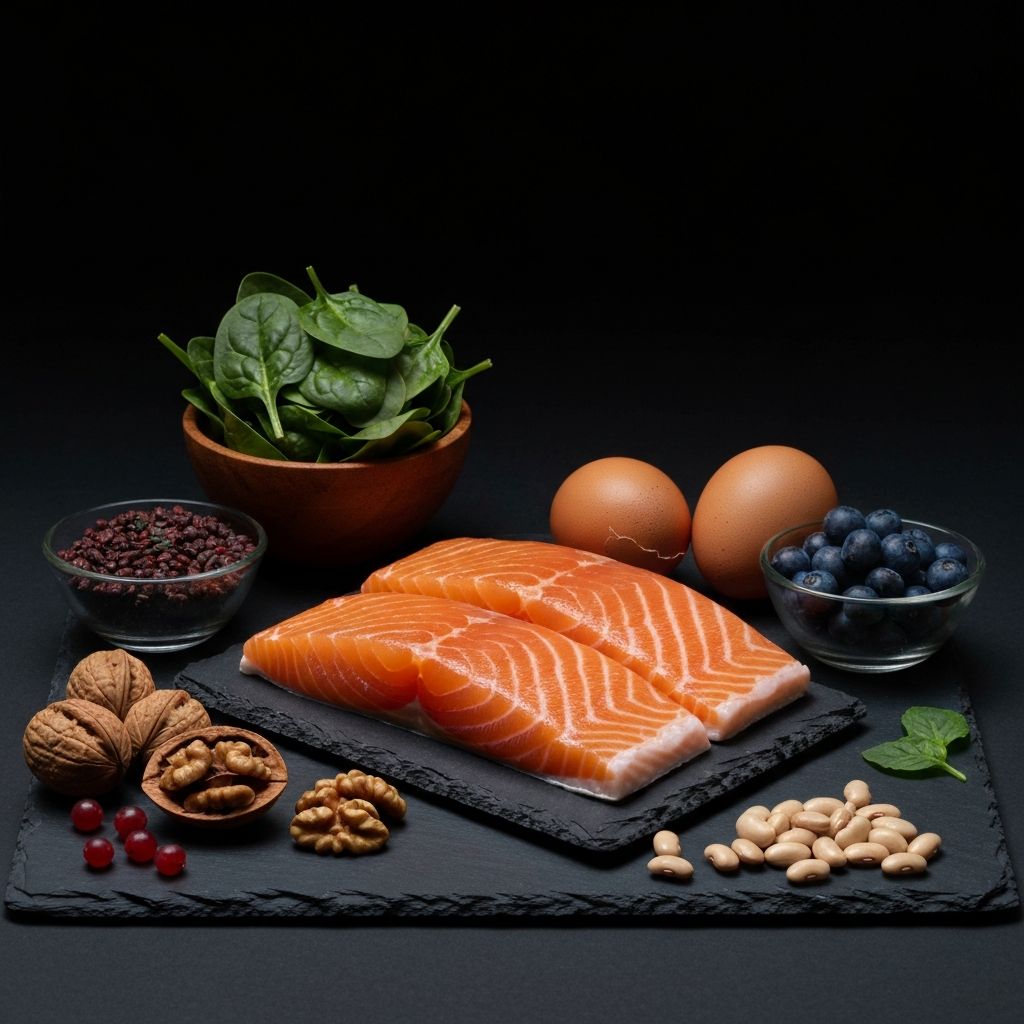 Disposición de alimentos naturales ricos en nutrientes: salmón, huevos, espinacas, nueces y legumbres sobre pizarra oscura con luz directa dramática