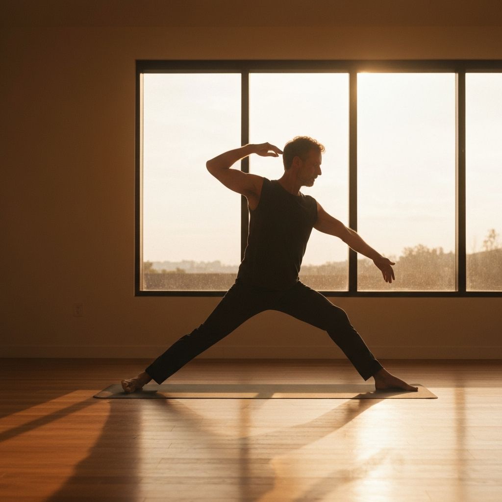 Persona practicando yoga en estudio minimalista con luz natural, enfoque en equilibrio y movimiento consciente