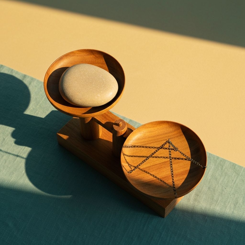 Vista cenital de balanza equilibrada hecha de piedra natural sobre tela de lino con luz dorada, simbolizando verdad y equilibrio